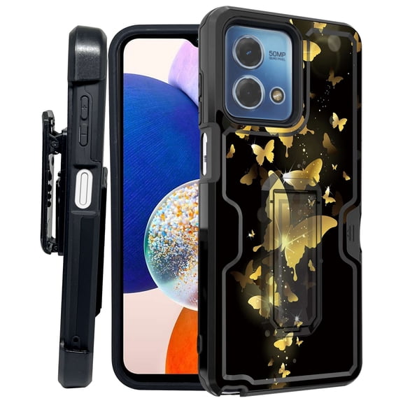 ANJ  Rugged Shockproof Kickstand Hybrid Case with Card Slot and Holster   Tempered Glass Cover for Motorola Moto G Stylus 5G (2023) - Golden Butterfly