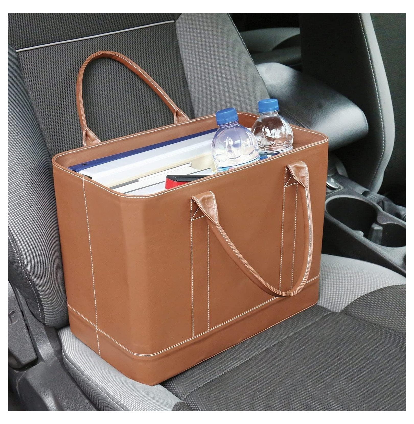 File Organizer Tote Bag - Portable Document Holder for Work, School, Home - Letter Size File Box with Handle - Brown Vegan Leather