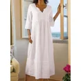 thumbnail image 2 of Vestido recto de talla grande para mujer, de media manga, plisado, informal, con escote en V, estilo bohemio, de lino, para playa, para verano, 2024, 2 of 4