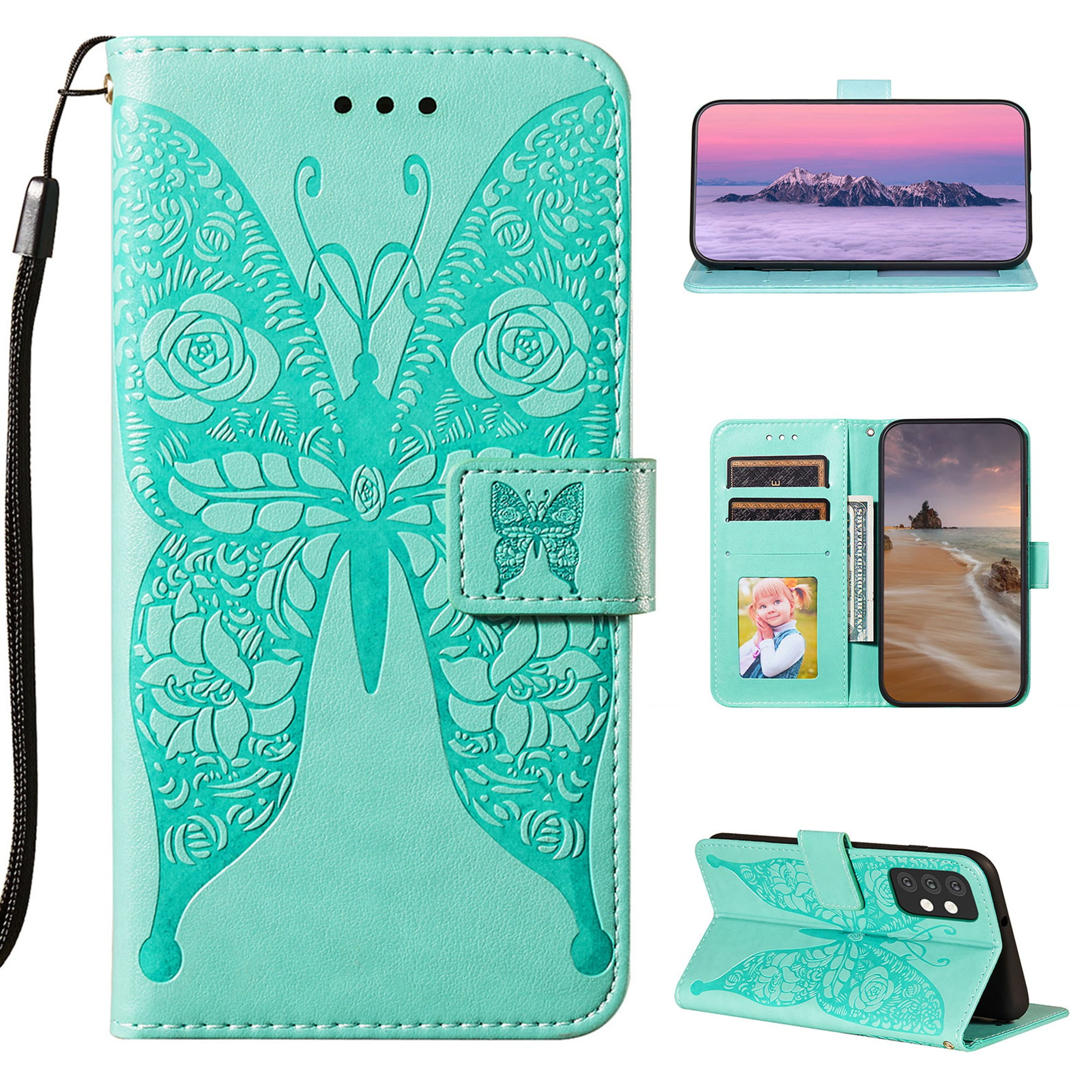 IKASEFU Compatible with Samsung Galaxy A10 Case Emboss butterfly Floral Pu Leather Wallet Strap Card Slots Shockproof Magnetic Stand Feature Folio Flip Book Cover Protective Case-Pink 