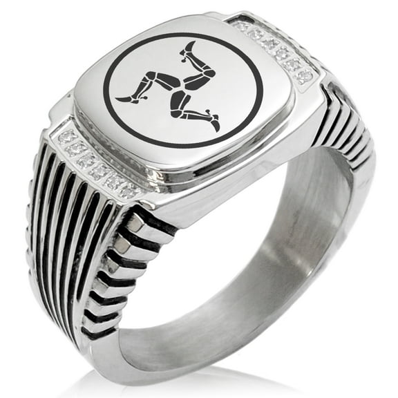 Stainless Steel Celtic Triskelion Three Legged Isle of Man CZ Ribbed Needle Stripe Pattern Biker Style Polished Ring