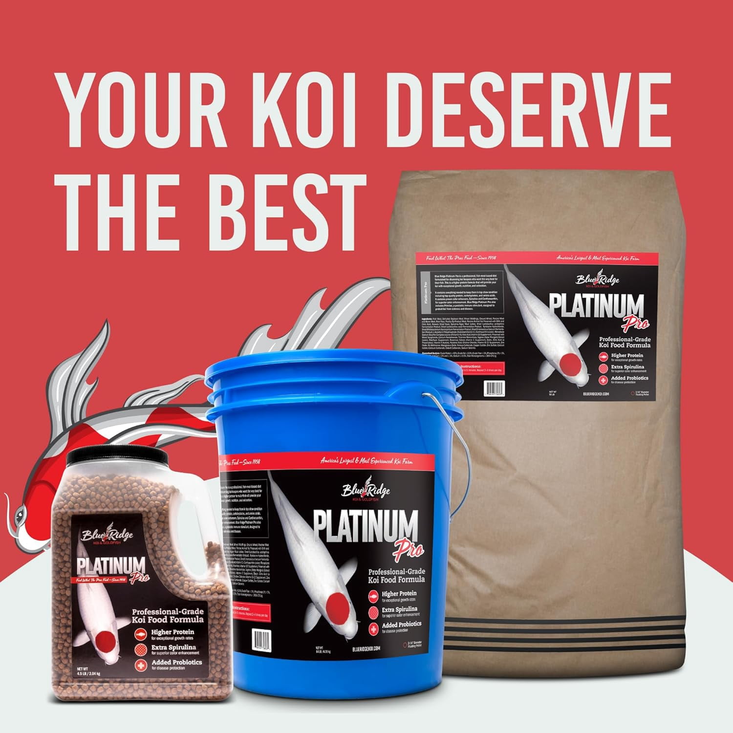 Blue Ridge Koi Fish Food 50lb - Koi Food 3/16” Platinum Pro Formula Goldfish Food, Premium Fish Food for Ponds, Floating Pond Pellets Fish Food