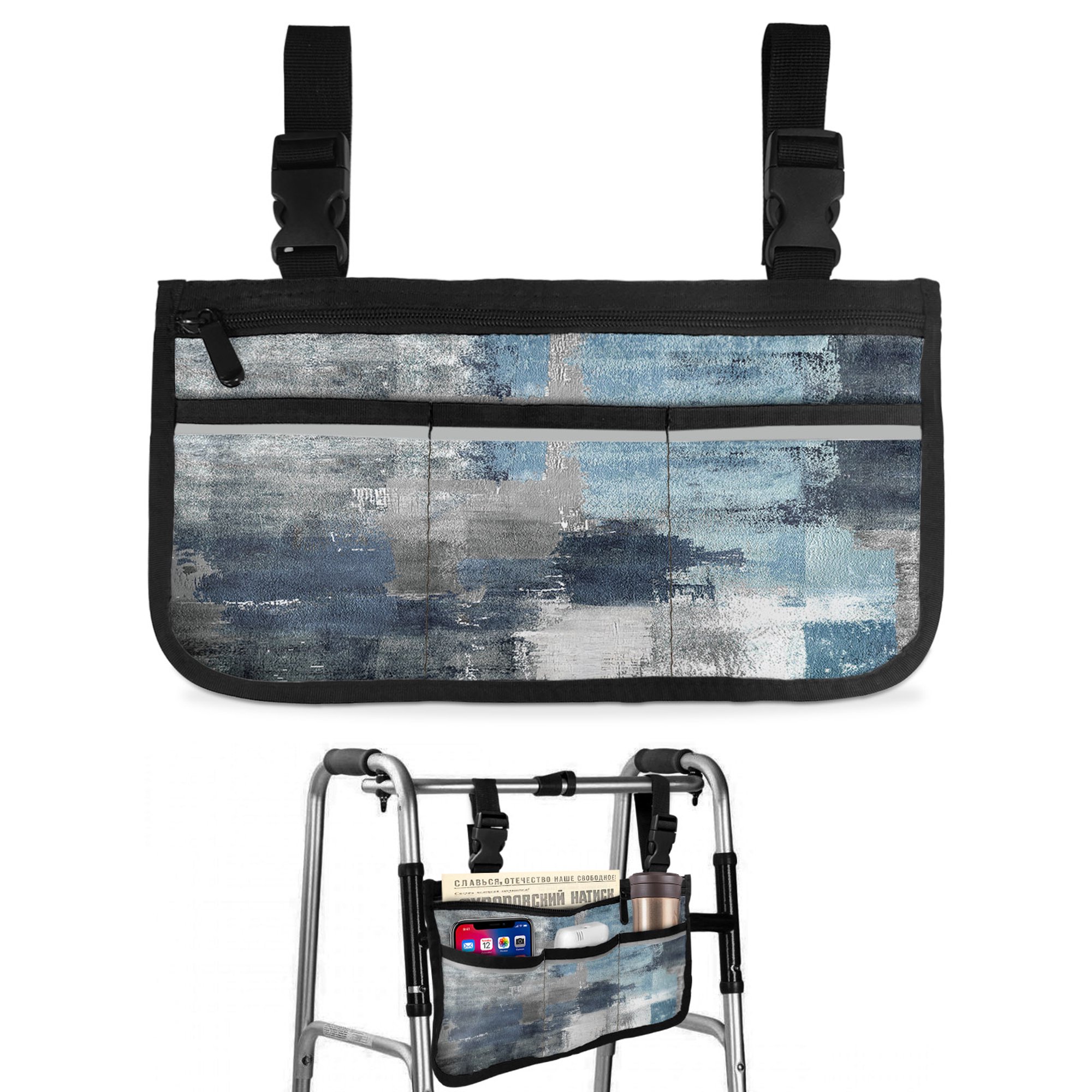 Blue Grey Wheelchair Side Bag Walk Bag Basket, Abstract Art Oil Painting Modern Geometric Wheelchair Accessories Armrest Pouch, Organizer Storage Bags for Walkers, Rollators, Scooters, 7.3"x13"