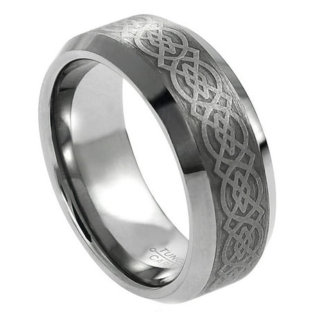 - 8mm Tungsten Carbide Beveled Edge Brushed Center with Celtic Design Wedding Band Ring For Men Or Ladies