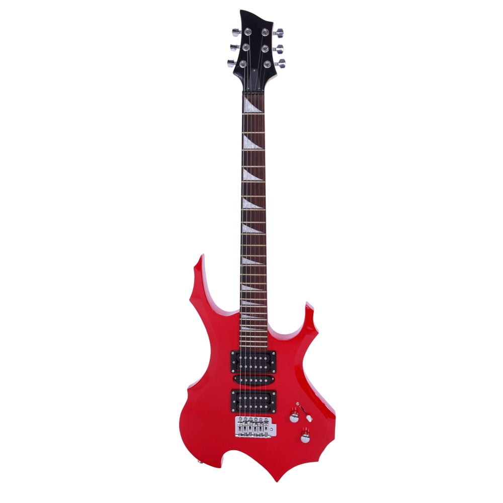 Private Jungle Novice Flame Shaped Electric Guitar, 6 String Beginners Guitar with Carrying Bag, Red