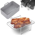 thumbnail image 1 of 2pcs Air Fryer Silicone Pot with Rack Reusable Silicone Air Fryer Basket Square Stainless Steel Rack Accessories Set For Cooking Steaming Compatible Most Dual-Basket Air Fryer Oven, 1 of 11