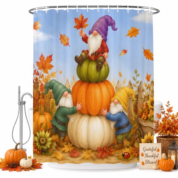Fall Pumpkins Gnomes Shower Curtain Set - Standard 72" x 72" Washable Bathtub Curtain with 12 Hooks, Thanksgiving Sunflower Botanical Waterproof Fabric Stall Shower Curtains for Bathroom Décor