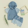 thumbnail image 2 of Odeerbi 3M-3Y Infant Boys Summer Outfits Plaid Short Sleeve Hoodies Shorts Two-piece Set Hooded Tops Checkerboard Colorblock Casual Loungewear Infant Boys Clothes, 2 of 7