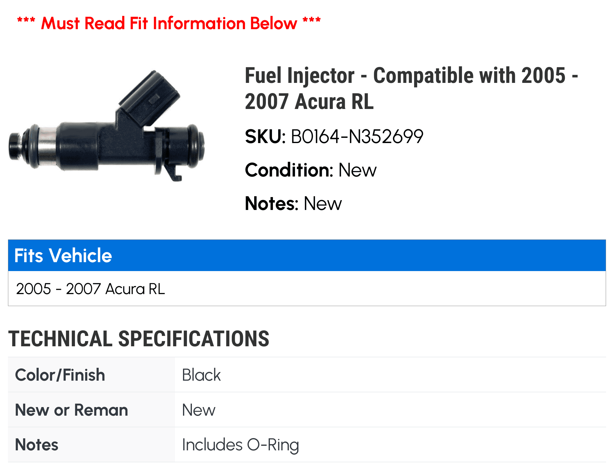Fuel Injector - Compatible with 2005 - 2007 Acura RL 2006