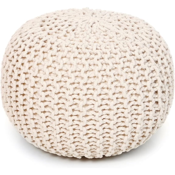 REDEARTH Round Pouf Ottoman - Hand Knitted Boho Poof Footrest - Ivory | 100% Cotton, 19.5"x19.5"x14"; Doubles as Footstool, Foot Rest; Great for Living Room, Bedroom, Nursery, Patio, Dorm, Lounge