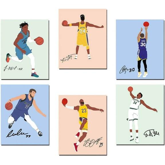 Basketball Wall Art Prints, Abstract Basketball Stars Autograph Posters, Stephen Curry Morant Giannis Canvas Art Print for Man Cave Boys Room Decor, 6 Set-(8"x10" Unframed)