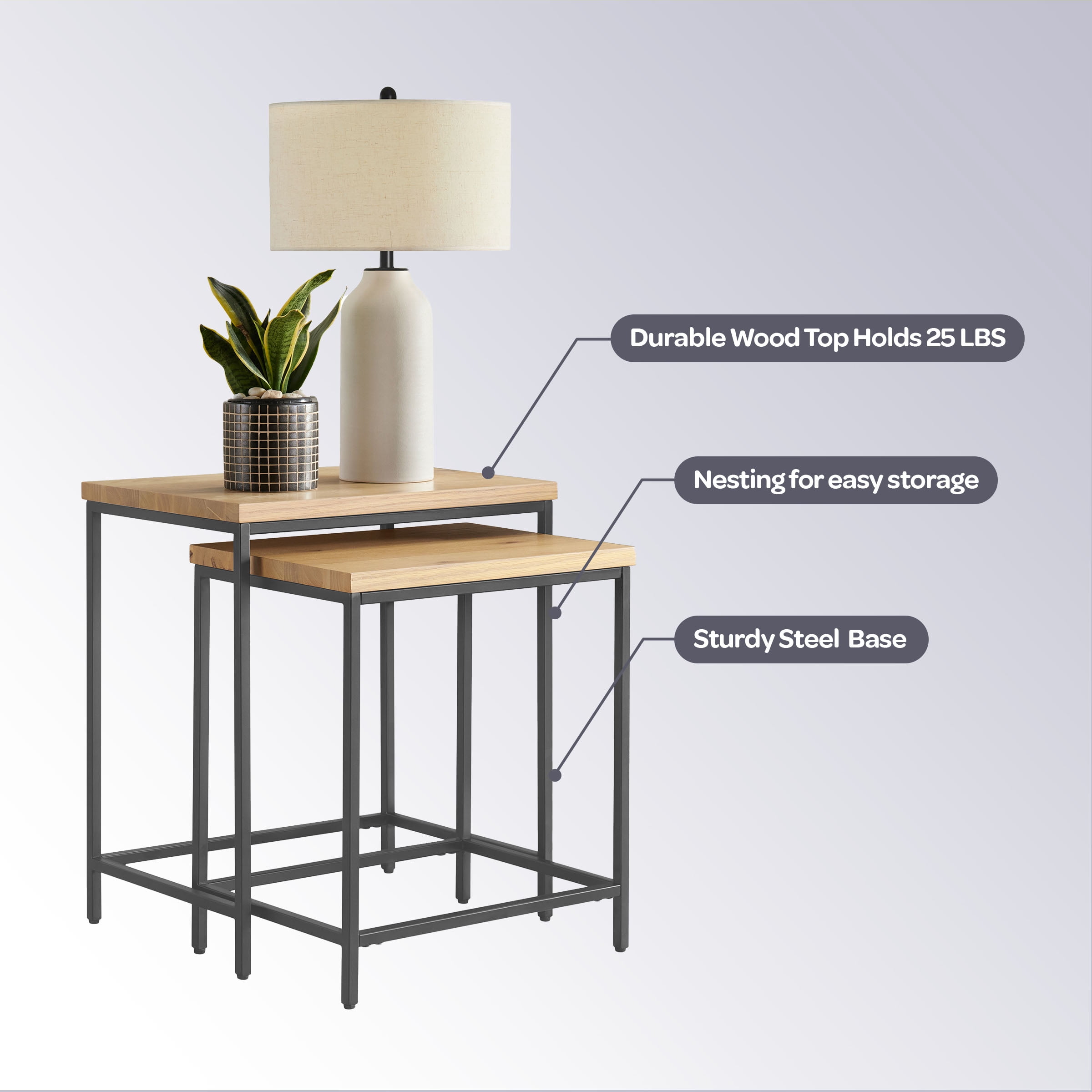 Lavish Home Set of 2 Modern Nesting Tables, End Tables for Living Room with Oak-Finished Top and Sturdy Metal Base