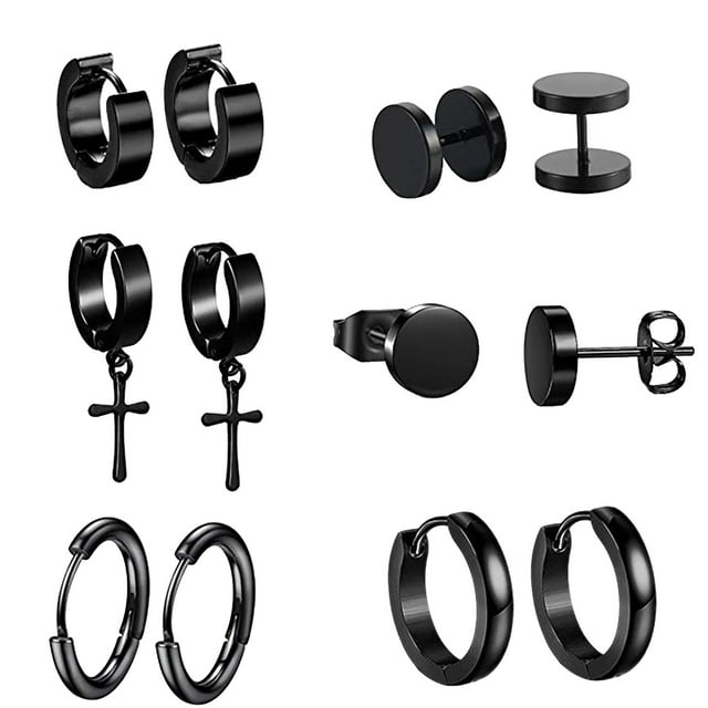 Xihbxyly Pendientes de Acero Inoxidable, 6 Pares de Estilos Únicos, Diseño de Clip Perforado Negro, Material Hipoalergénico, Accesorio de Uso Diario, Perfectos para Hombres y Mujeres, Empaque de Rega