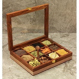  Zuvo Wooden Spice Rack Organizer Storage Box with Lid, 9 Small  Compartments Masala Dabba and Slide Off Glass Style : Home & Kitchen