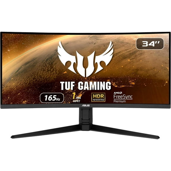 ASUS TUF 34 Inch Curved Gaming Monitor - WQHD (3440x1440), 165Hz, 1ms, Extreme Low Motion Blur, FreeSync Premium, Eye Care, Height Adjustable, DisplayHDR 400, DisplayPort, HDMI, USB - VG34VQL1B