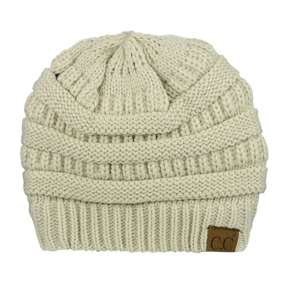 C.C Unisex Chunky Soft Stretch Cable Knit Warm Fuzzy Lined Skully Beanie, Beige