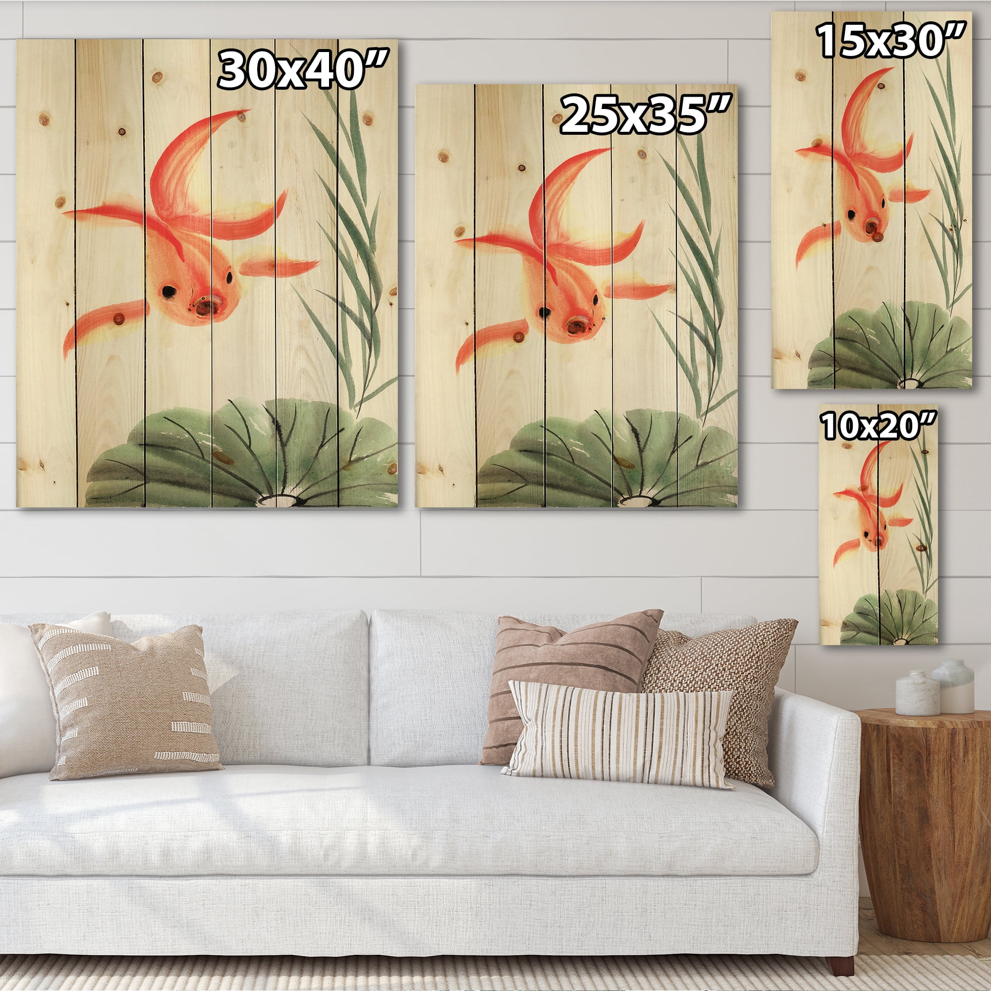 Designart 'Ancient Goldfish and The Lotus Leaf' Nautical & Coastal Print on Natural Pine Wood