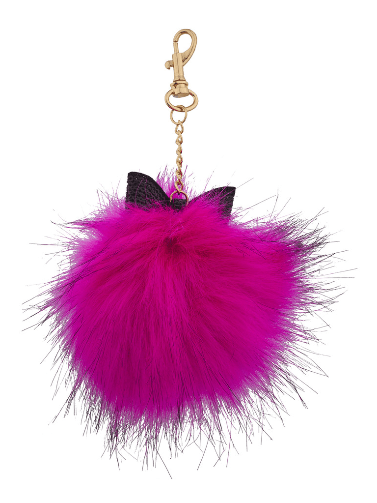 Pink Faux Fur Pom Keychain, Pink Fur Pom Handbag Charm, Gold Bow Keychain