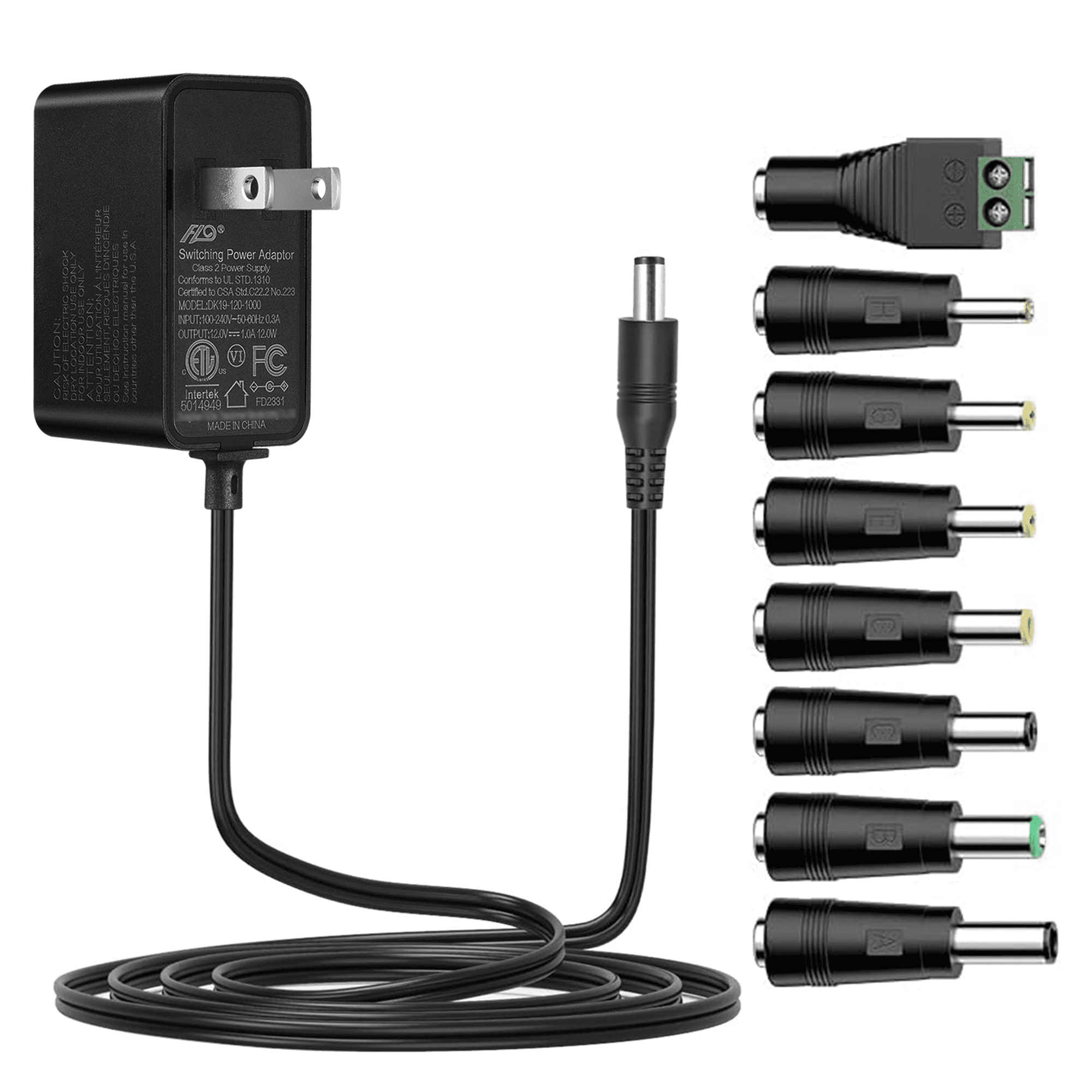 Tonton AC DC 12V 1A/1000mA 12W Power Supply Cord Adapter Charger with 8 Plug Tips