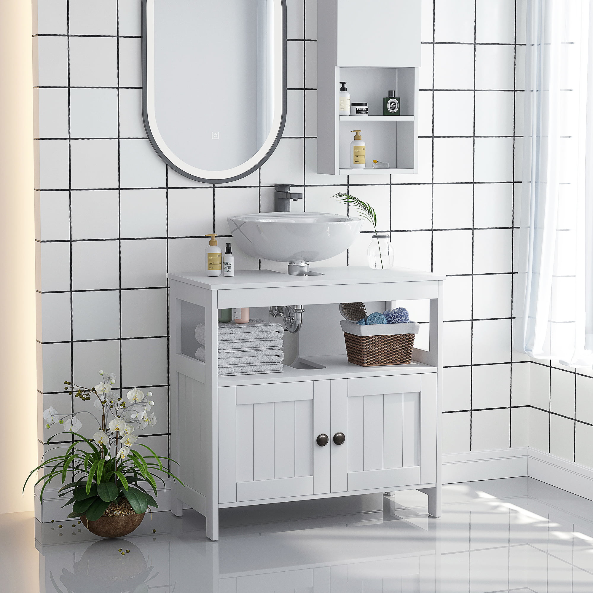 Kcelarec Under Sink Storage Cabinet with 2 Doors and Shelf, Pedestal Sink Bathroom Vanity Cabinet, Space Saver Organizer, White
