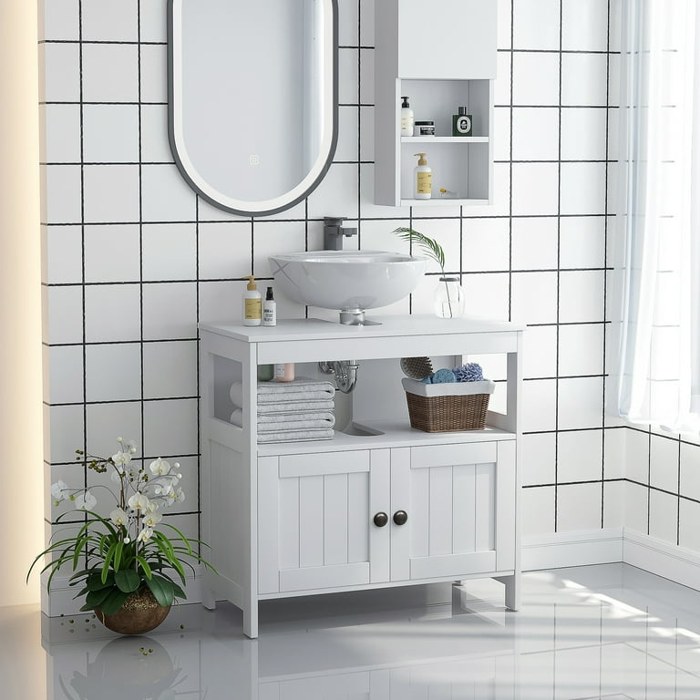 kleankin Pedestal Sink Storage Cabinet, Under Sink Cabinet, Bathroom Vanity  Cabinet with Adjustable Shelf and Open Bottom Shelf, Gray 