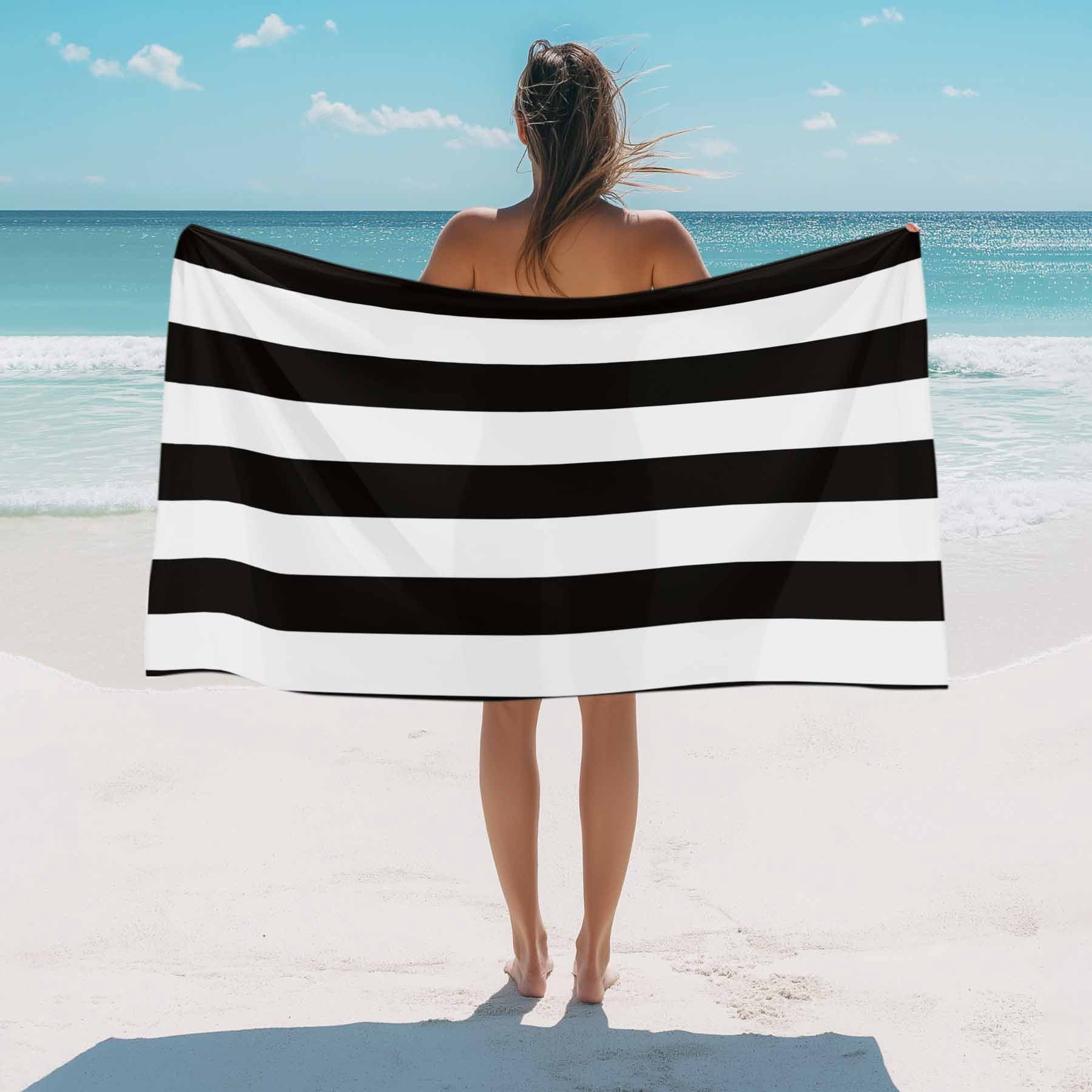 Black And White Wide Striped Beach Towels Blanket Soft&Absorbent Quick Dry Microfiber Geometric Pool Towels for Swimming ,Yoga, Sports, Gym, Camping,Large 35X70in,