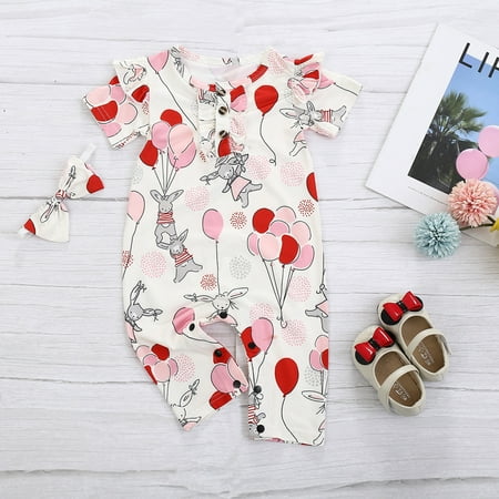 

Easter Decorations Baby Easter Cartoon Rabbit Printed Romper Jumpsuit+Headband Sets Easter Gifts White 100
