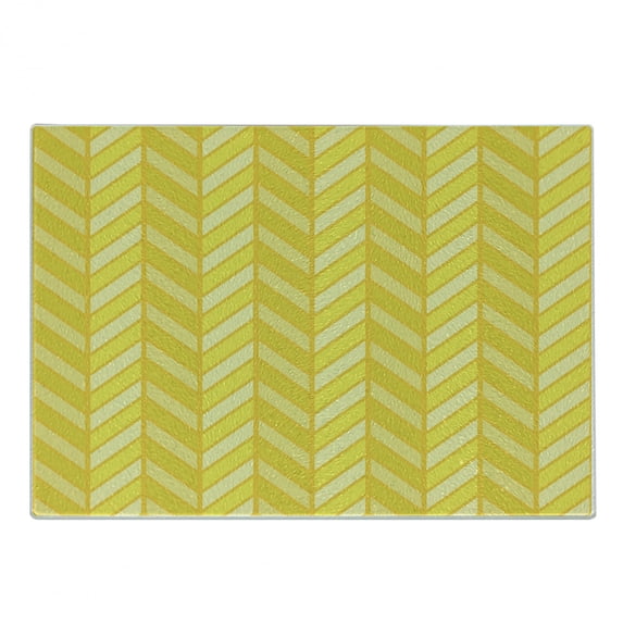 Yellow Chevron Cutting Board, Vertical Retro Chevron Motif in Yellow Color Tones, Decorative Tempered Glass Cutting and Serving Board, Small Size, Avocado Green Yellow, by Ambesonne