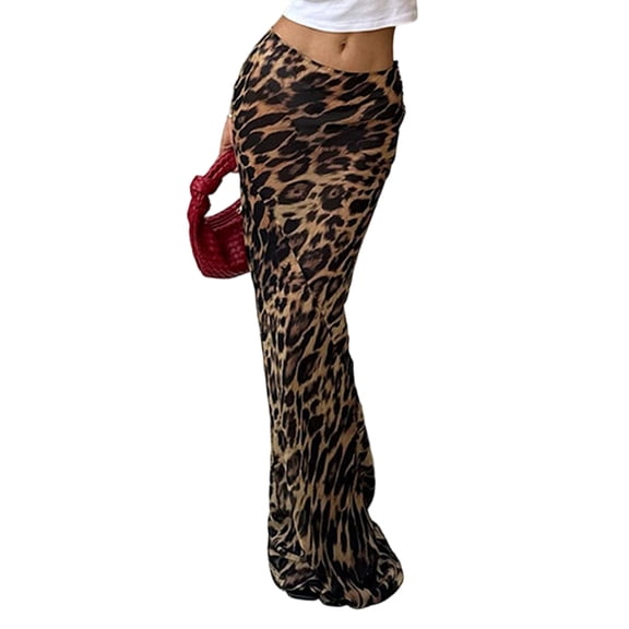 Women'S Leopard Maxi Skirt Mesh See Through Low Waist Y2K Bodycon Skirts Leopard Print Color M