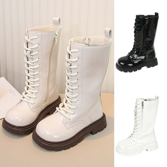 Miluxas Kid's Girls Leather Lace up Zipper Fleece Lined Mid Calf Combat Riding Winter Boots (Toddler/Little Kid/Big Kid) White 3(37)