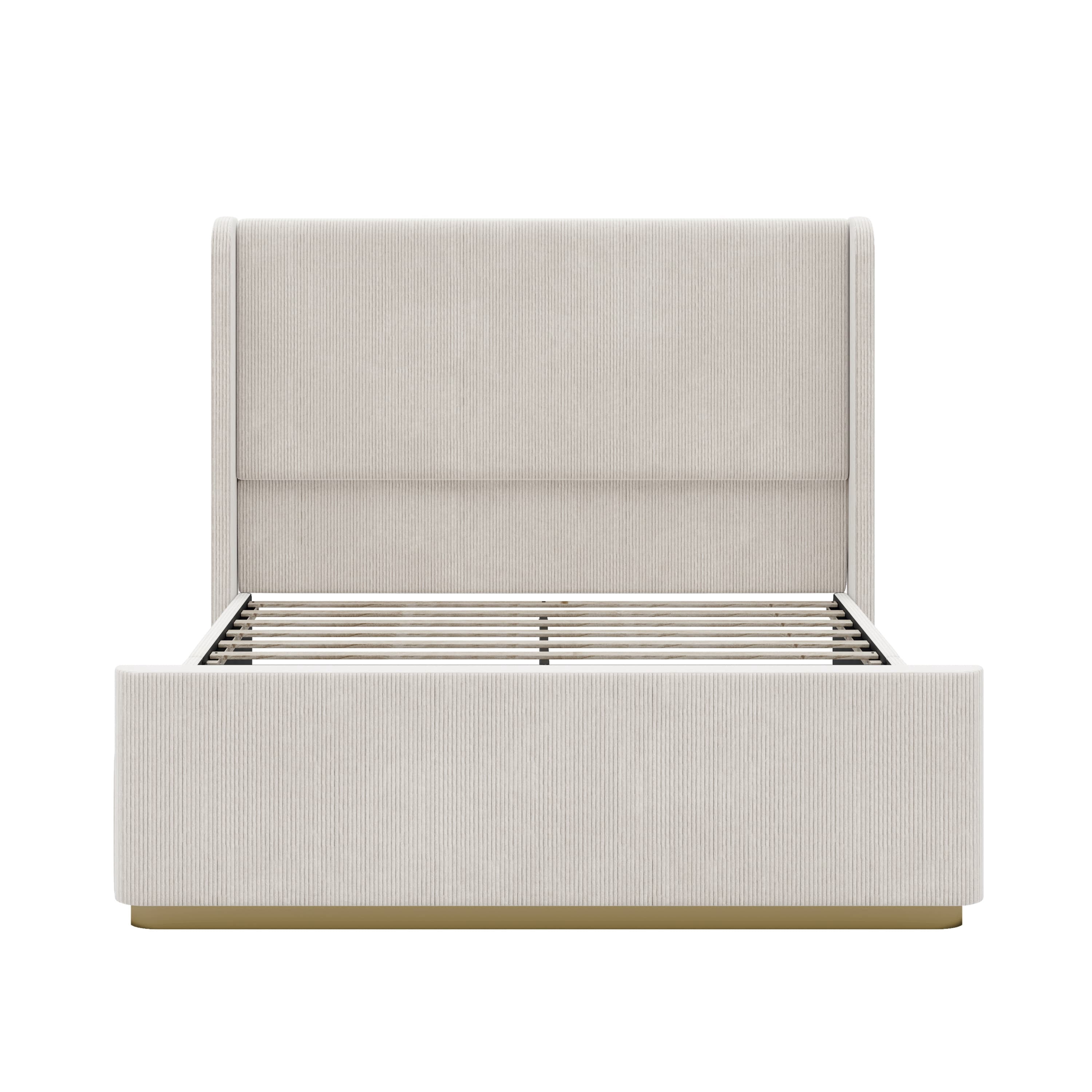 MAYEERTY Queen Corduroy Bed Frame Vertical Stripe Wingback Headboard for Bedroom Light Grey