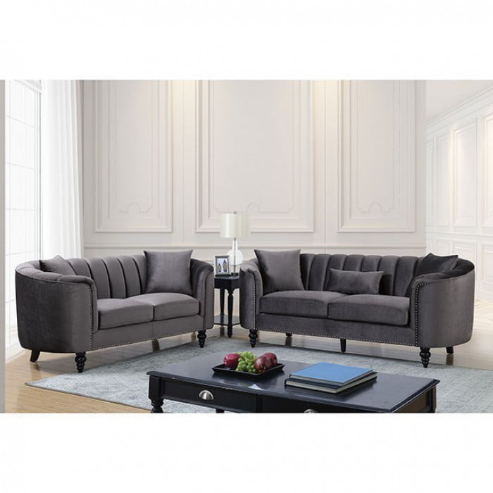 Contemporary Style Gray Fabric Nailhead Trim 2pc Sofa Set Living Room