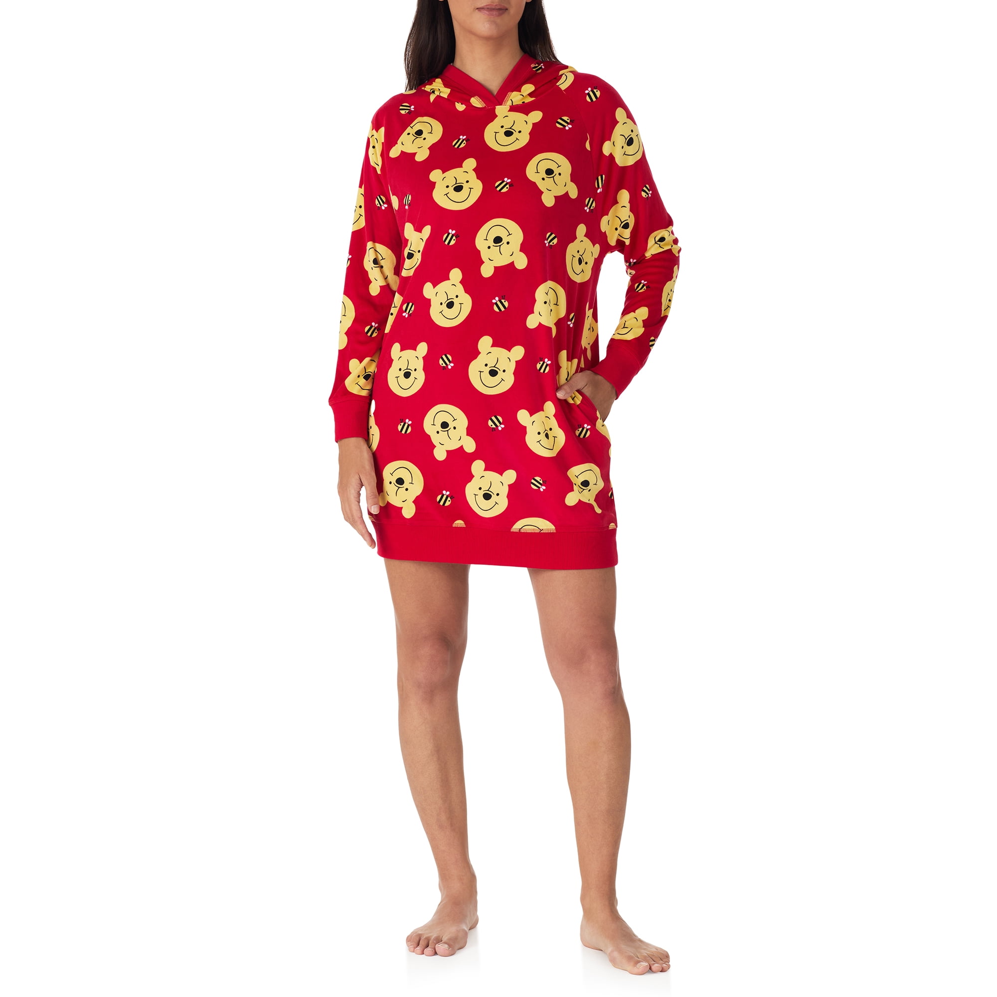 Richard Leeds International Womens Winnie the Pooh Hooded Pajama Lounger Sleep & Lounge Dress - Super Soft Plushy Cozy & Warm Hoodie Loungewear Pajamas Dresses for Women, Red X-Large
