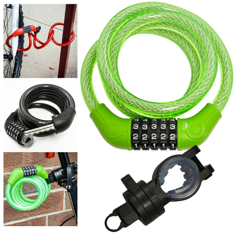 Lumintrail Bike Cable Lock 6 ft Self Coiling 12mm Braided Steel Cable Resettable Combination Cable Lock with Included Mounting Bracket
