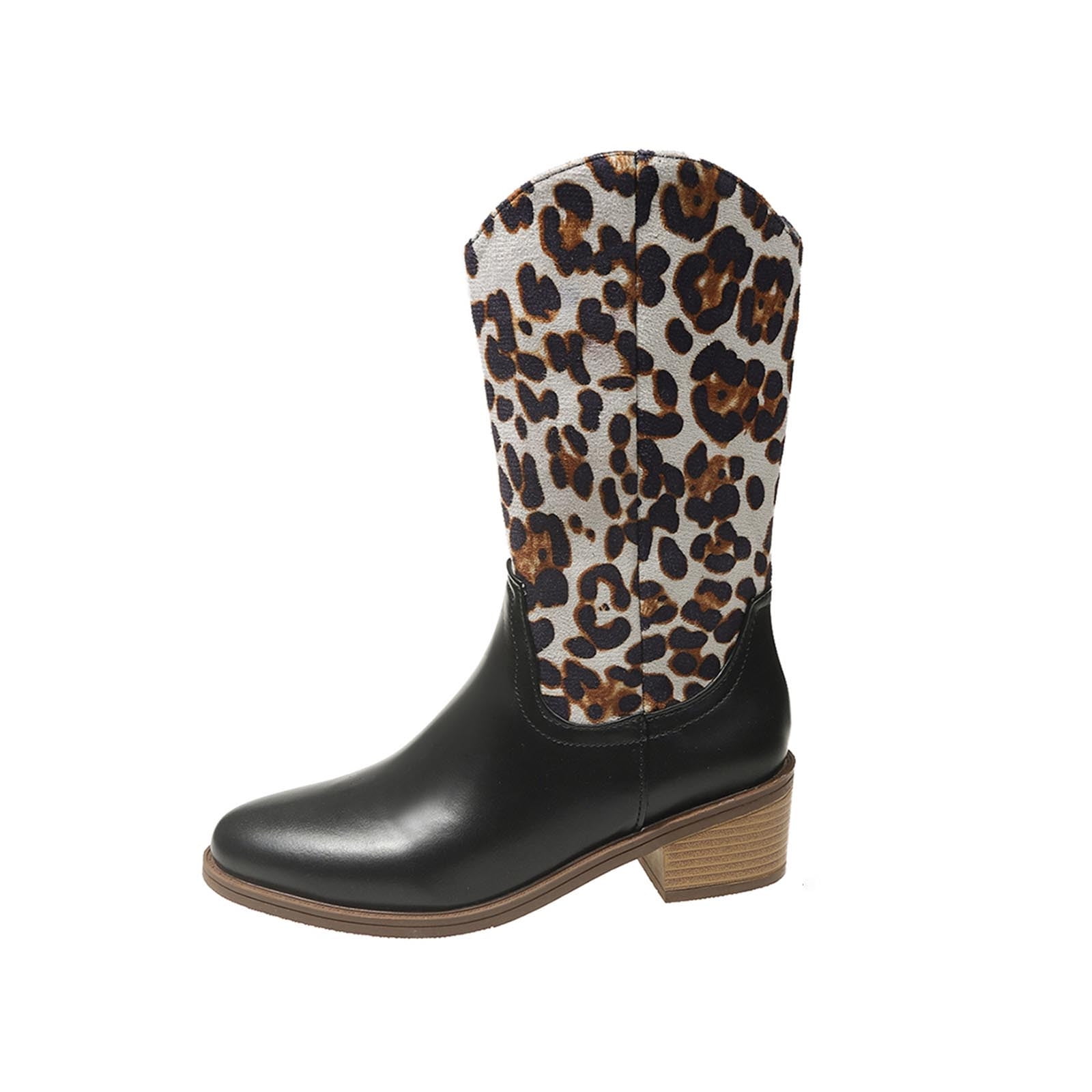 POROPL Womens Black Boots Knee High Winter Mid Heel Knee High Side Zipper Leopard Print Boots for Lady Black Size 42(US:9)