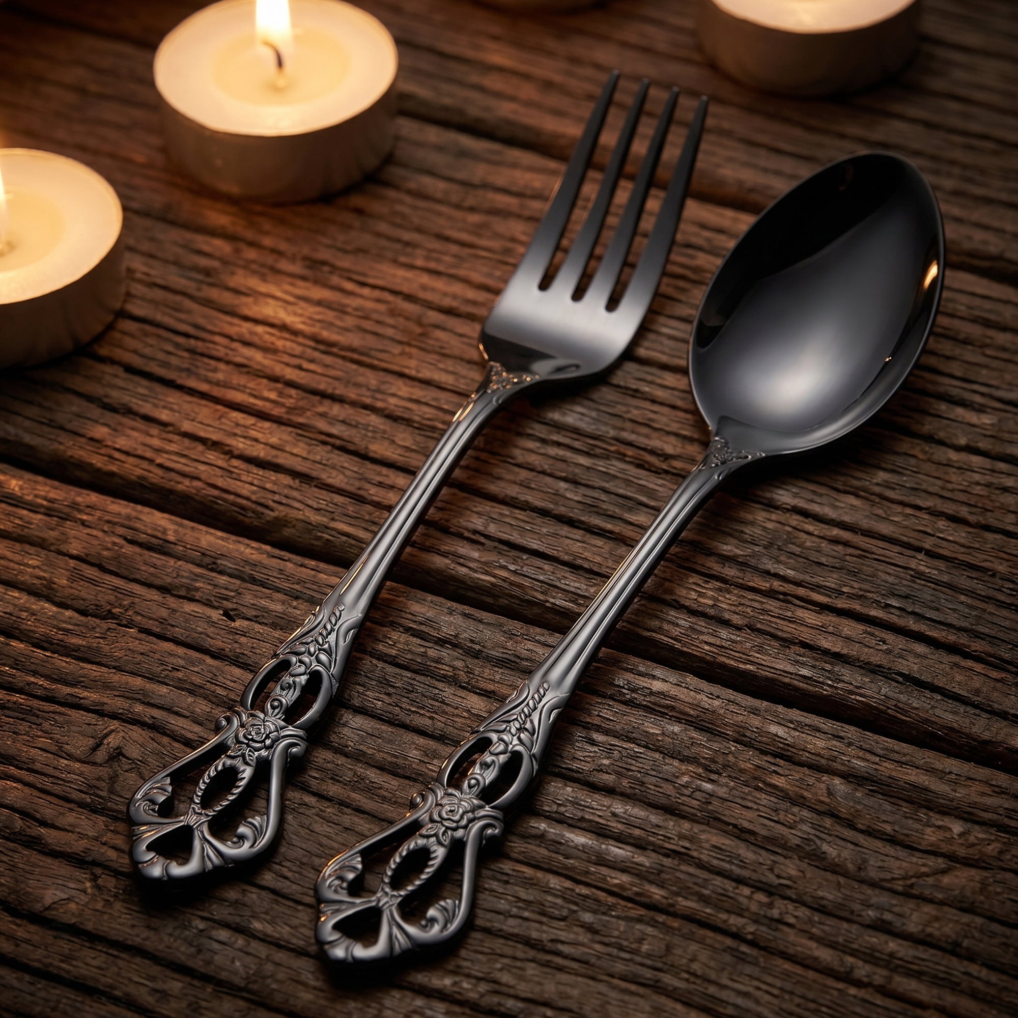 Unique Bargains 24 Piece Stainless Steel Floral Flatware Set for Eating Tableware Black