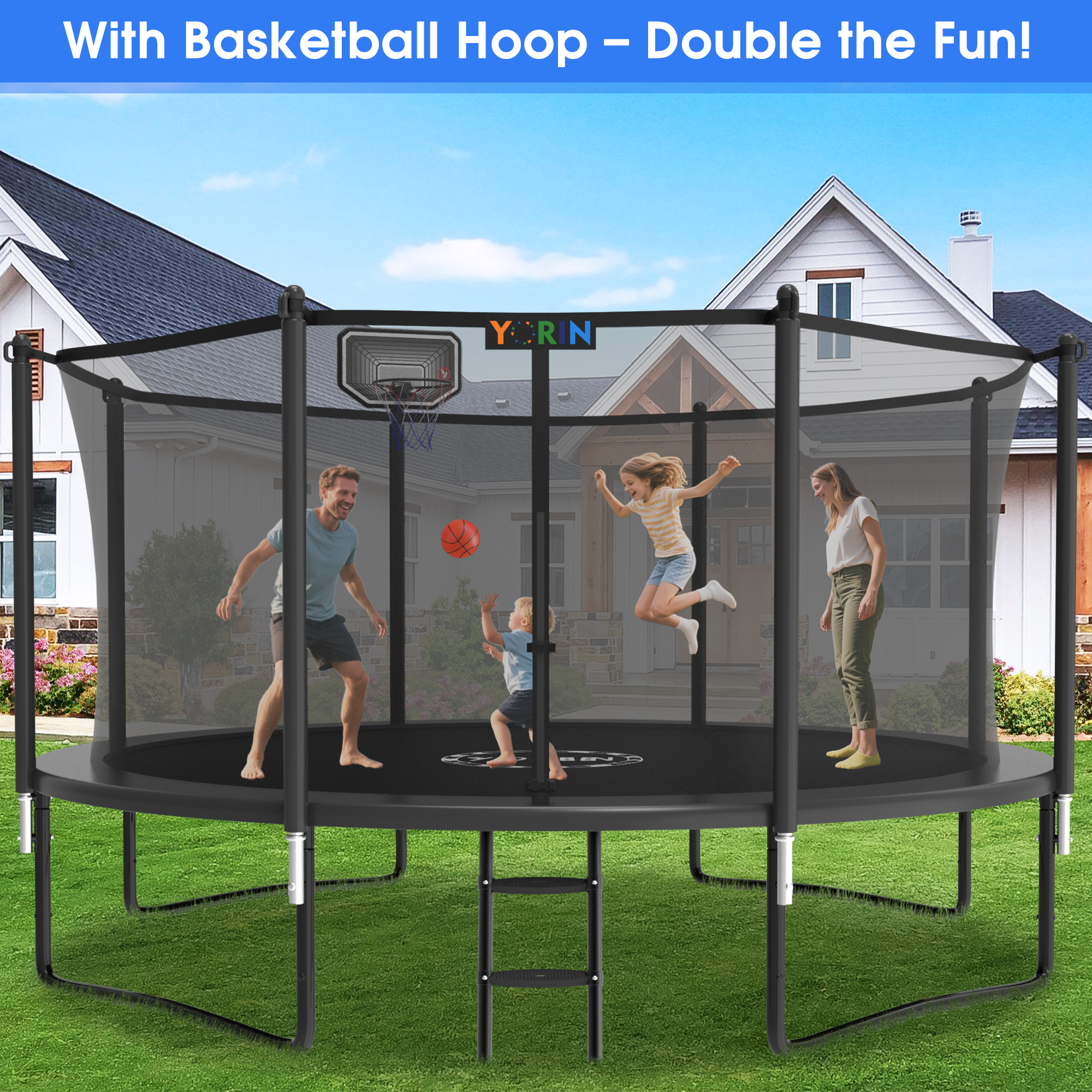 YORIN Trampoline, 12FT Trampoline for 4-5 Kids Adults with Enclosure, 1200LBS Outdoor Trampoline with Basketball Hoop, Sprinkler, Light, Socks, Ladder, Galvanized Anti-Rust Coating Trampoline