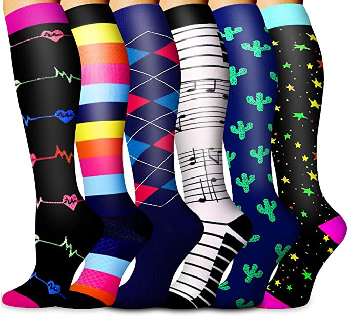 FITDIO Knee High 20-30mmHG Feminine Print 6-Pack Graduated Compression Socks For Women FITDIO Knee High 20-30mmHG Feminine Print 6-Pack Graduated Compression Socks For Women