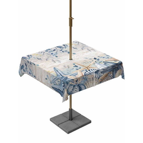 Outdoor Tablecloths with Umbrella Hole & Zipper, Blue Eucalyptus Coastal 54x54 Inch Square Tablecloths, Beach Starfish Shell Nautical Vintage Waterproof Table Cloth, Patio/Pool/Picnic Table Covers