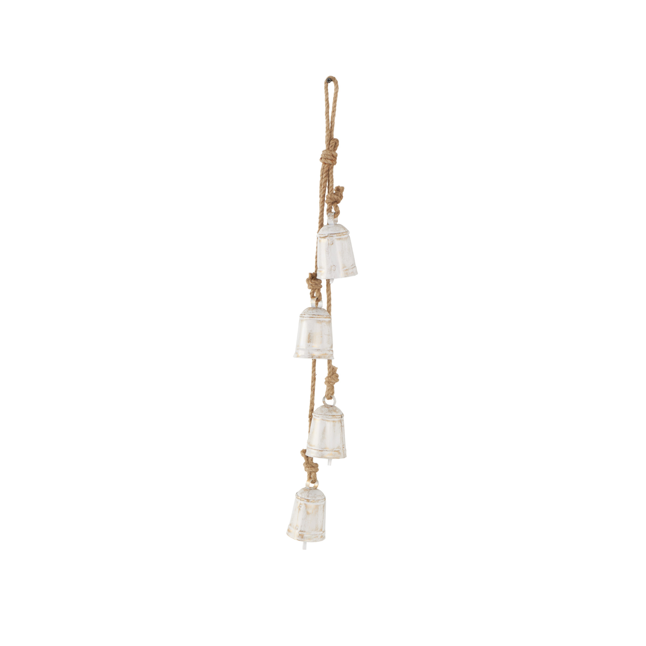 DecMode Tibetan Inspired Cascading White Metal Cylindrical Decorative Bells with 4 Bells on Jute Hanging Rope