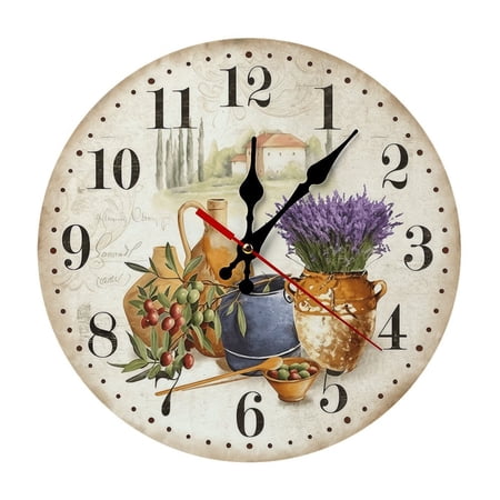 12in Tuscan Lavender Olive Vintage Wall Clock, Italian Countryside Kitchen Decor, Farmhouse Round Hanging Clock -EASY ASSEMBLY NEEDED