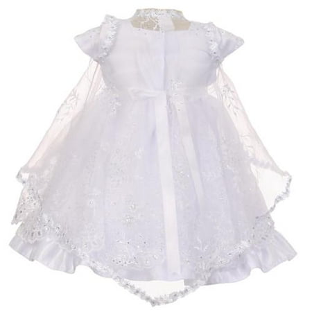 Baby Girls White Virgin Mary Embroidery Cape Baptism Dress 0-24M
