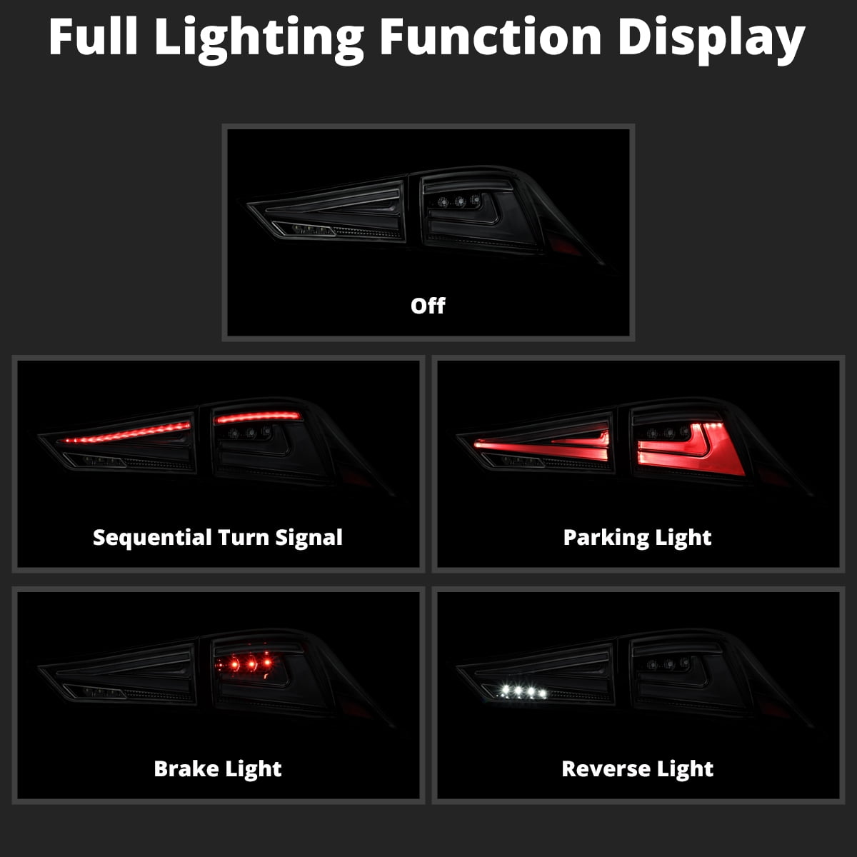 Spec-D Tuning Glossy Black Smoke Full LED Tail Lights w/ Sequential Turn Signals Compatible with 2014-2017 Lexus IS250 / IS350, Left + Right Pair Assembly