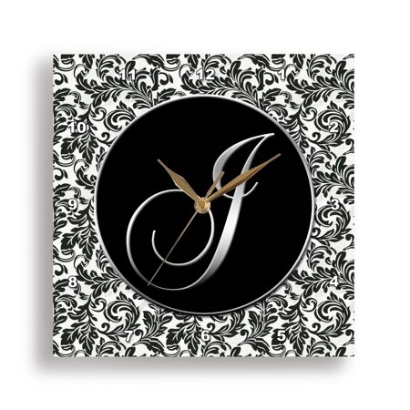 3dRose, Letter J - Black and White Damask, 13x13 Wall Clock