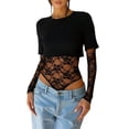 thumbnail image 3 of Justaucorps Court en Dentelle Patchwork pour Femmes à Manches Longues, Col Ras du Cou, en Maille Transparente, T-Shirts Courts pour Sorties et Fêtes, 3 of 9