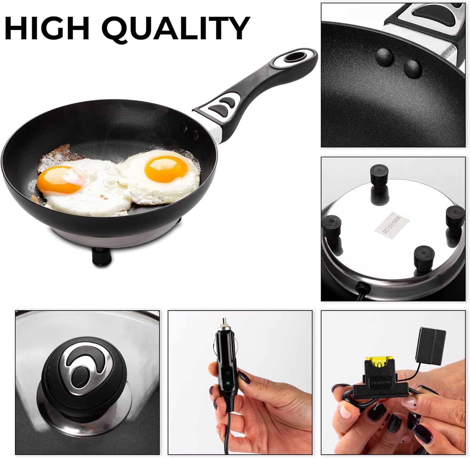 Zone Tech 12V Stainless Steel Frying Pan, 7.5-inch Portable Non-stick Frying Pan with Glass Vented Lid, Stay-cool Handle, Rapid Heat Up, Perfect For Camping, Picnic and more