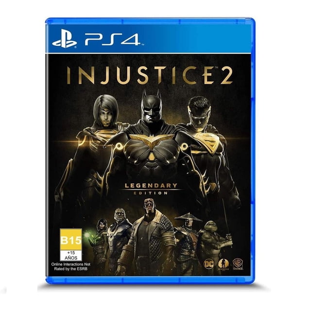injustice 2 legendary edition playstation 4 físico carátula PS4 frontal con título 'INJUSTICE 2' en dorado; ilustración centrada del amplio roster de personajes de DC en tonos negros y dorados con Batman al frente, franja azul superior con logo PS4 y calificación B15 en la esquina inferior izquierda; adecuado para fans de acción/aventura y coleccionistas.