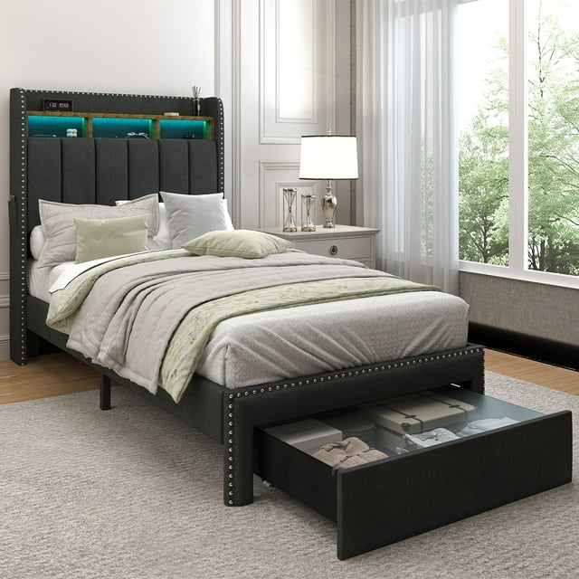SIBEDS Cadre de Lit à DEL avec Tiroirs, Pochettes et Tête de Lit à Ailes Rembourrée en Lin Gris Foncé, Simple