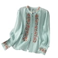 thumbnail image 2 of Uootdi Vintage Embroidered Linen Long Sleeve Shirts for Women Colorblock Button Down Blouse Versatile Business Casual Loose Tops Gift, 2 of 5