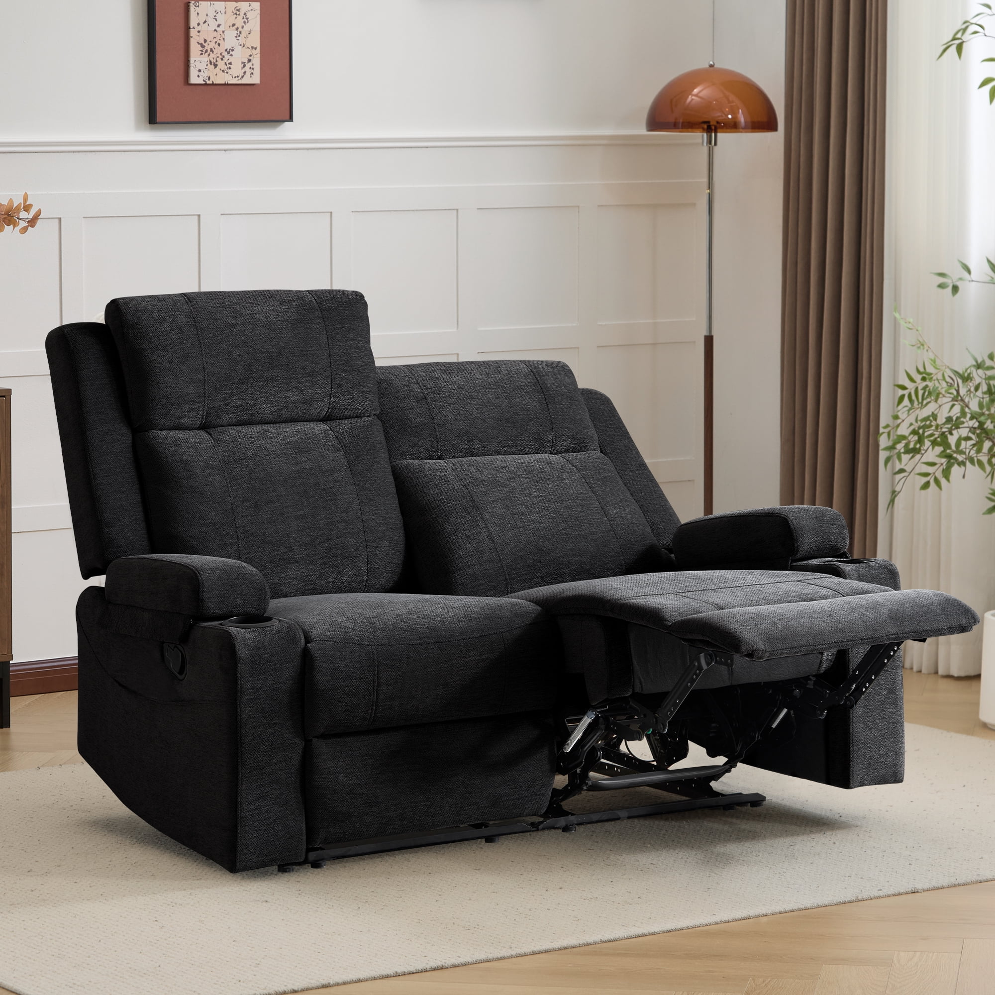Chenille Reclining Couch, Manual Reclining Loveseat with Cup Holders, Wide Seat, Spill-Resistant Fabric, Easy Assembly, for Living Room/Apartment/RV Recliner Sofa